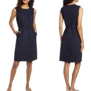 1901 Belted Twill Dress 16 Black Sleeveless Button Front with Pockets Preppy